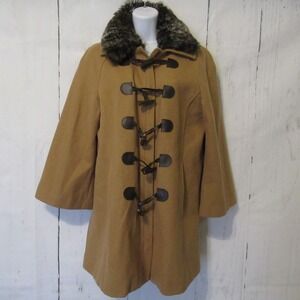 Anthropologie Elevenses Coat 10 Camel Brown Toggle Wool Blend Faux Fur Collar